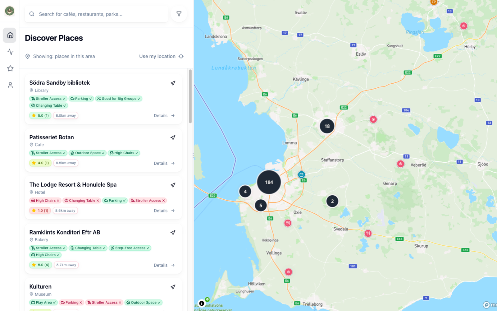 Babyccino — list of kid-friendly places beside a map of southern Sweden
