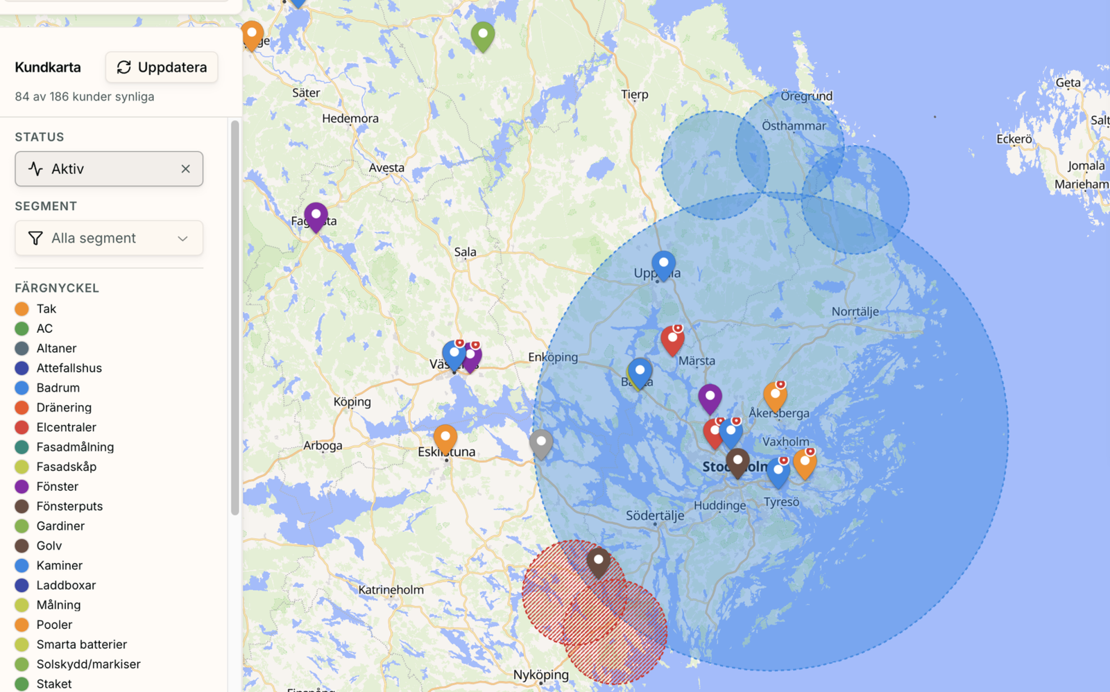 Tres Media customer map — pins by segment across the Stockholm region with ad-area circles